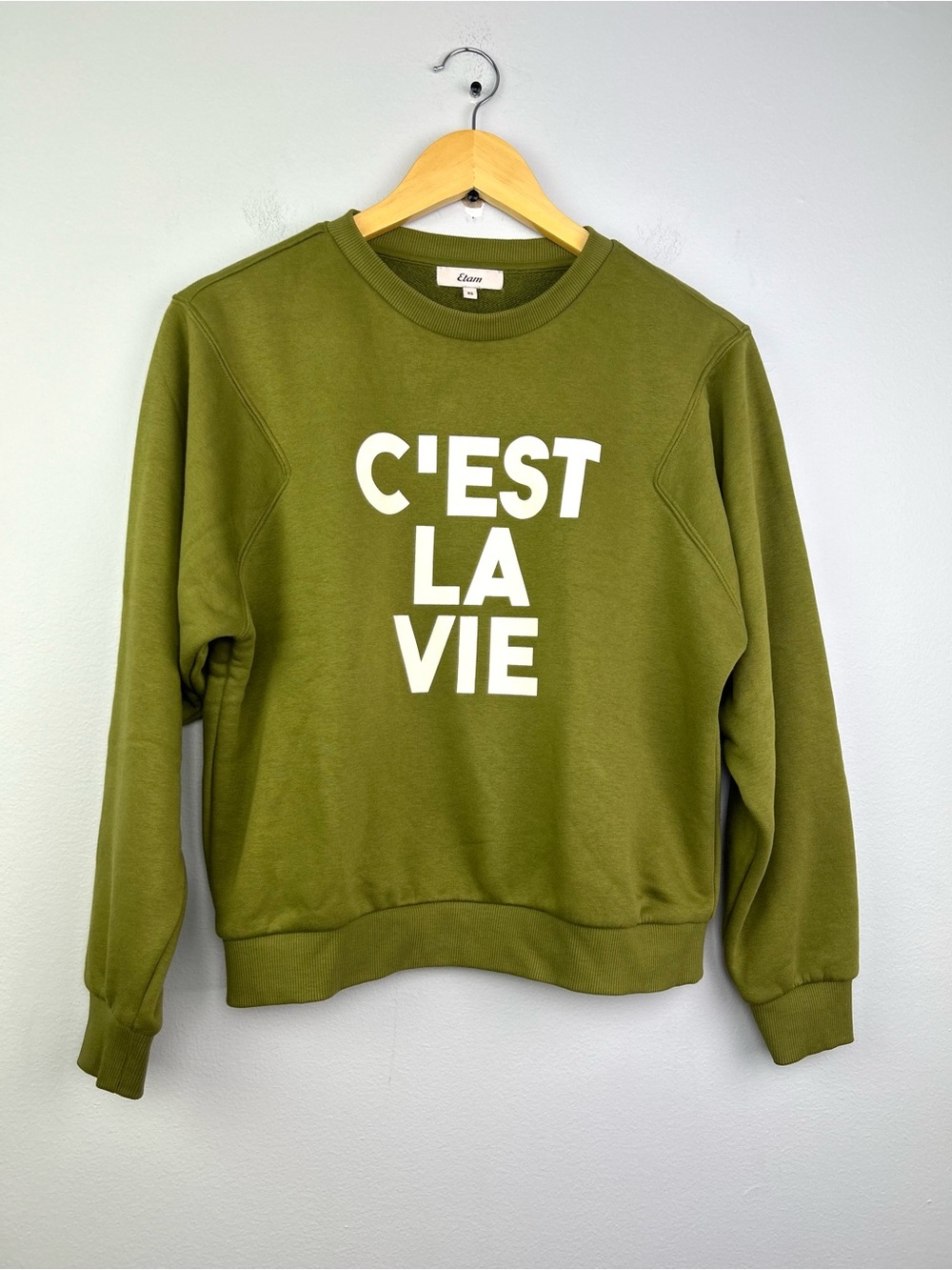 Etam C'EST LA VIE Olive Green Graphic Sweatshirt women’s size XS pullover cotton